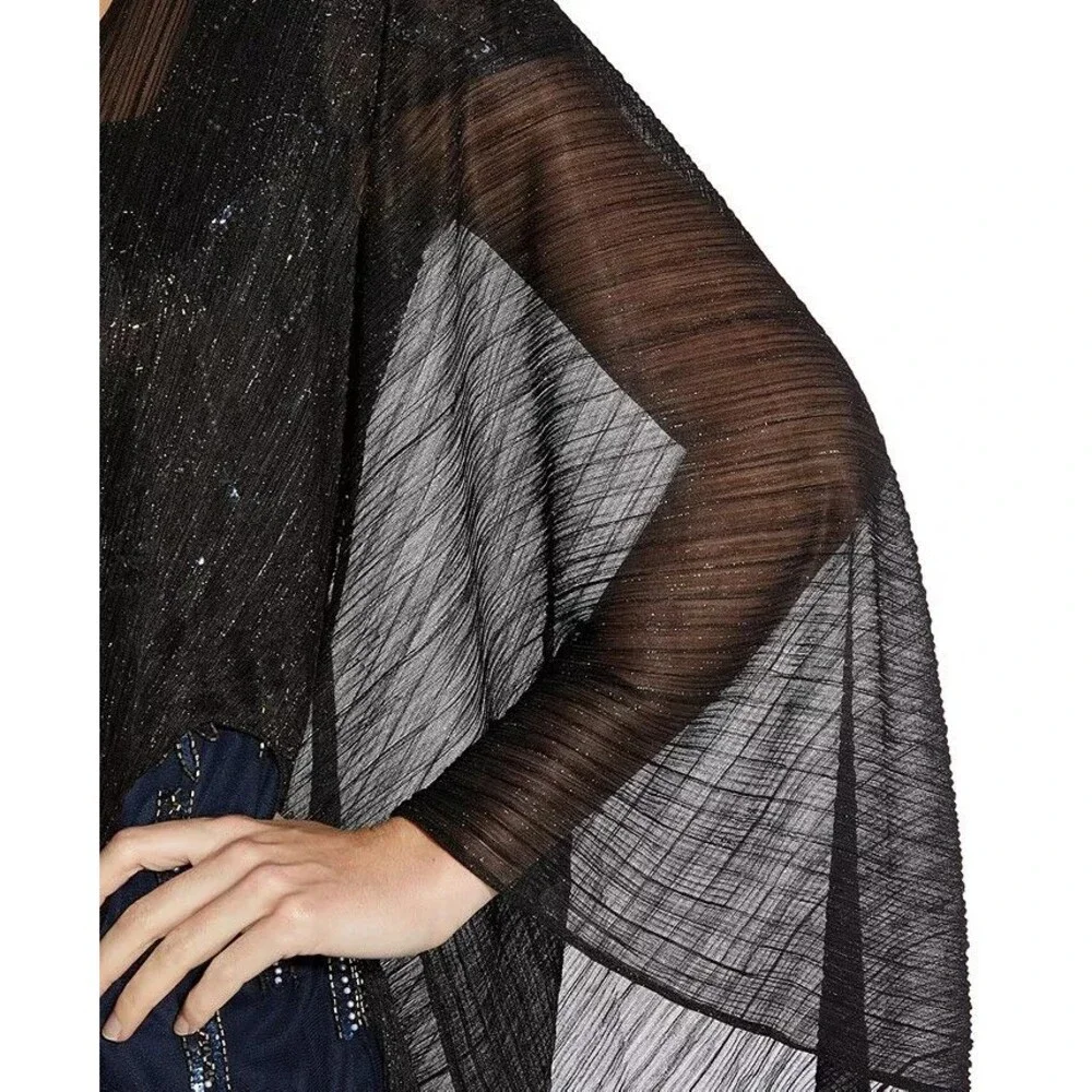 Adrianna Papell Women's Collarless Open front Asymmetrical-Hem Shawl Black OS